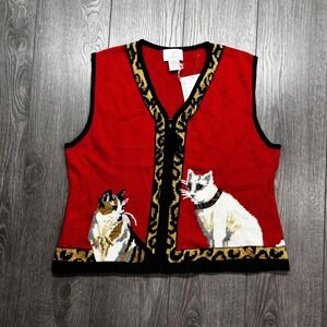 Susan Bristol Vintage Red Cat Knit Sweater Vest Zip Up Leopard Trim XL NWT